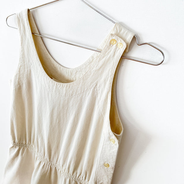 Vintage Andrew Harvey Sleeveless Dress, Buttons at Left Shoulder. Unbleached, Natural Cotton, Women’s 4. Fold and Fray in Canada.