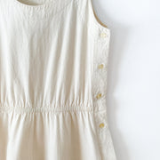 Vintage Andrew Harvey Sleeveless A-Line Dress, Buttons Along Side, Elastic Waistband. Unbleached, Natural Cotton, Women’s 4.