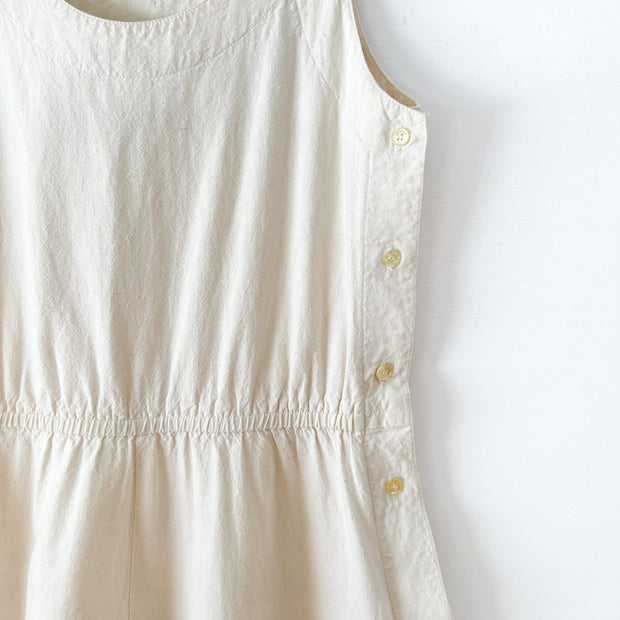 Vintage Andrew Harvey Sleeveless A-Line Dress, Buttons Along Side, Elastic Waistband. Unbleached, Natural Cotton, Women’s 4.