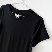 Close-up of Crew Neck and Sleeves on Short Sleeve Black Dress, LOFT Lou & Grey Signaturesoft T-Shirt Dress. Canada.