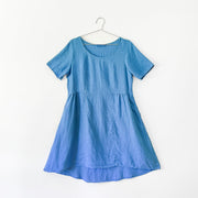 Cut Loose Blue Linen Short Sleeve Dress, Scoop Neckline, A-Line, Ruching, Front Darts, Shorter Hem at the Front, Women’s Small.