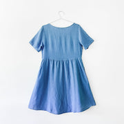 Back of Cut Loose Blue Linen Short Sleeve Dress, Women’s Small, Made in USA. Fold and Fray in Ontario Canada.