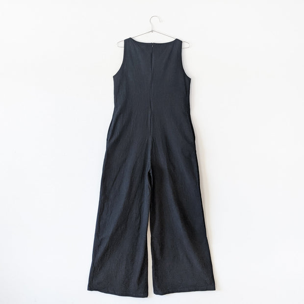 Vintage Black Wide-Leg Sleeveless Romper/Jumpsuit. Back View, Hidden Zipper. Vintage Clothing, Fold and Fray in Canada.