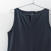 Vintage Black Romper, Sleeveless Cotton Wide-Leg Jumpsuit. Close-up of Front Neckline with Shallow V-Neck, Centre Front Seam.