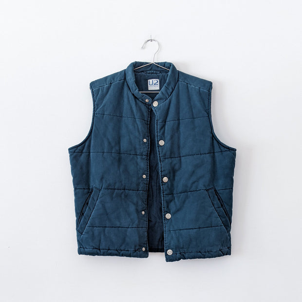 Dark Teal Quilted Vintage Cotton Puffer Vest, Open. U2 Clothing, Size Large. Snaps, Pockets. Fold and Fray.