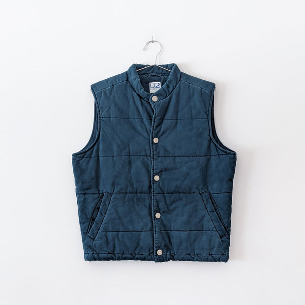 Dark Teal Quilted Vintage Cotton Puffer Vest. U2 Clothing, Size Large. Back View. Fold and Fray.