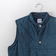 Dark Teal Quilted Vintage Cotton Puffer Vest. U2 Clothing, Size Large. Closeupof Shoulder. Fold and Fray.