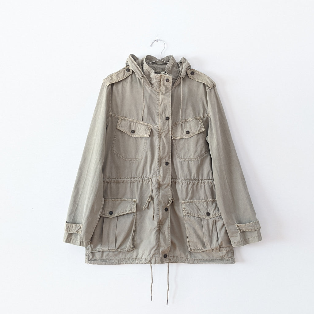 Cotton Hooded Utility Jacket in Light Tan Beige