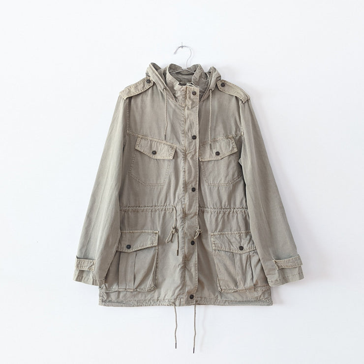 Tan/Beige Cotton Hooded Utility Jacket. Cargo Military Style Jacket with Pockets, Snaps, Drawstring Waist. Bluenotes, Large.