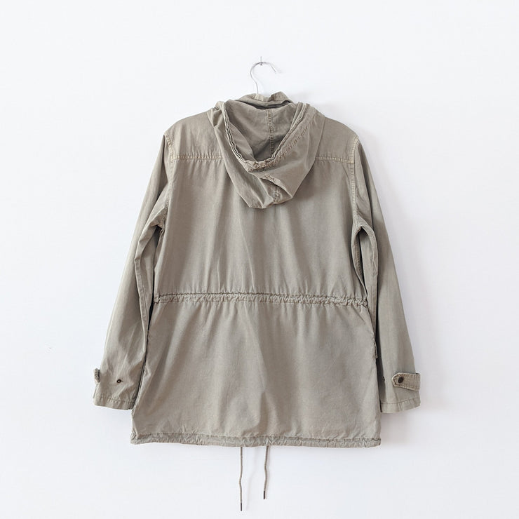 Cotton Hooded Tan/Beige Utility Jacket. Cargo Military Style Jacket. Bluenotes, Large. Back View. Fold and Fray.
