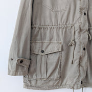 Cuff, Drawstring Waist and Pockets on Beige/Tan Cotton Hooded Utility Jacket. Cargo Military Style. Bluenotes, Large.