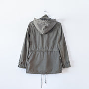 Cotton Hooded Olive Green Utility Jacket, Drawstring. Talula Aritzia Trooper Military Jacket 122354. Back View. Fold and Fray.