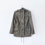 Cotton Hooded Olive Green Utility Jacket, Pockets, Drawstring. Talula Aritzia Trooper Military Jacket 122354. Fold and Fray.