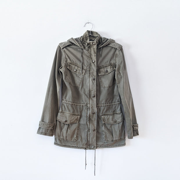 Cotton Hooded Olive Green Utility Jacket, Pockets, Drawstring. Talula Aritzia Trooper Military Jacket 122354. Fold and Fray.