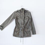 Cotton Hooded Olive Green Utility Jacket, Pockets, Drawstring. Talula Aritzia Trooper Military Jacket 122354. Sleeve Width.