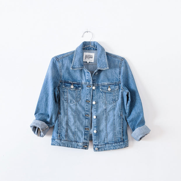 Light Blue Distressed Denim Jacket. Zara Authentic Denim by TRF Jean Jacket. Rolled-up Sleeves, Unbuttoned.