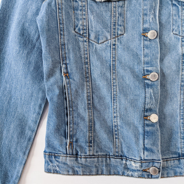 Light Blue Distressed Denim Jacket. Zara Authentic Denim by TRF Jean Jacket. Close-up of Buttons, Seams, Hem.