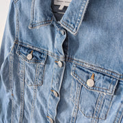 Light Blue Distressed Denim Jacket. Zara Authentic Denim by TRF Jean Jacket. Close-up of Collar, Front Buttons, Pockets.