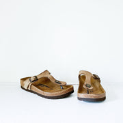 Birkenstock Gizeh Thong Sandal, Oiled Leather Tobacco Brown Size 37/240. Refurbished with new Footbed by Dimar Shoe Repair.