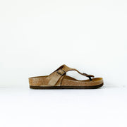 Side view of Birkenstock Gizeh Thong Sandal, Oiled Leather Tobacco Brown Size 37/240. Refurbished by Dimar Shoe Repair.