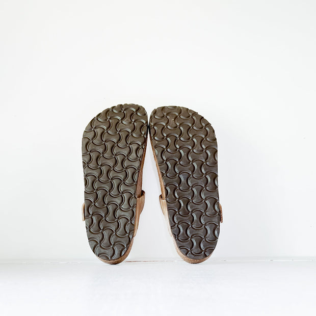 New Soles on Birkenstock Gizeh Thong Sandal, Oiled Leather Tobacco Brown Size 37/240. Refurbished by Dimar Shoe Repair.