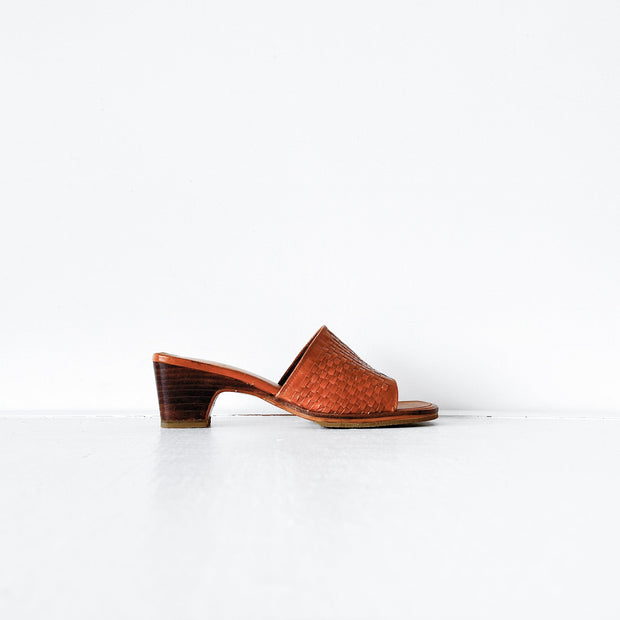 Vintage Woven Brown Leather Heeled Mule Sandal, Made in Brazil. Side View, Dark Wood Heel, Brown/Tan Leather, Woven Top.