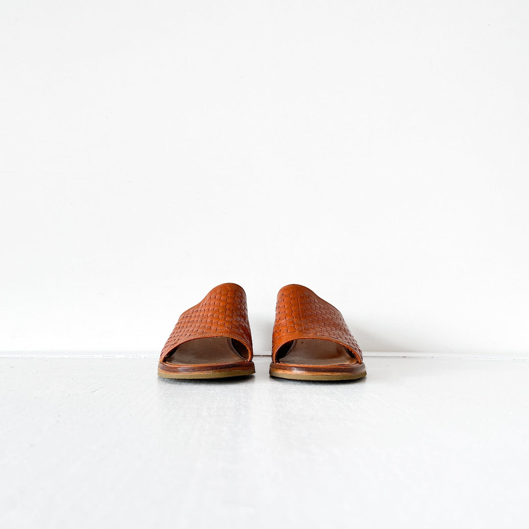 Vintage Woven Leather Heeled Mule Sandal Tan Fold and Fray