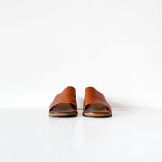 Front View of Open Toe Slides, Vintage Woven Brown Leather Heeled Mule Sandal, Made in Brazil. Fold and Fray in Canada.