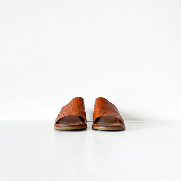 Front View of Open Toe Slides, Vintage Woven Brown Leather Heeled Mule Sandal, Made in Brazil. Fold and Fray in Canada.