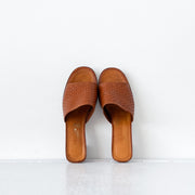 Top View of Woven Vintage Leather Heeled Mule Sandal. Women’s Brazilian-made Leather Sandal, Brown/Orange/Tan.