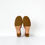 Shoe Soles of Woven Vintage Leather Heeled Mule Sandal. Women’s Brazilian-made Leather Sandal, Brown/Orange/Tan.