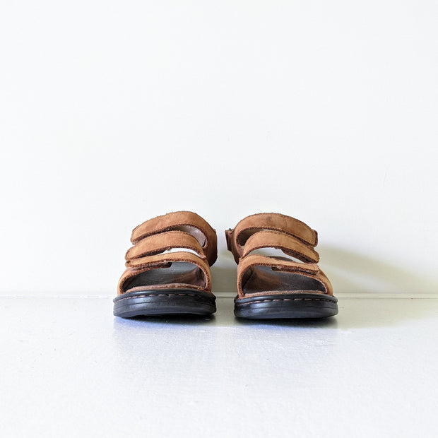 Deer Stags Brown Leather Slingback Sandals. Three Front Straps (Velcro), One Back Strap, Black Sole. Front View of Toe.