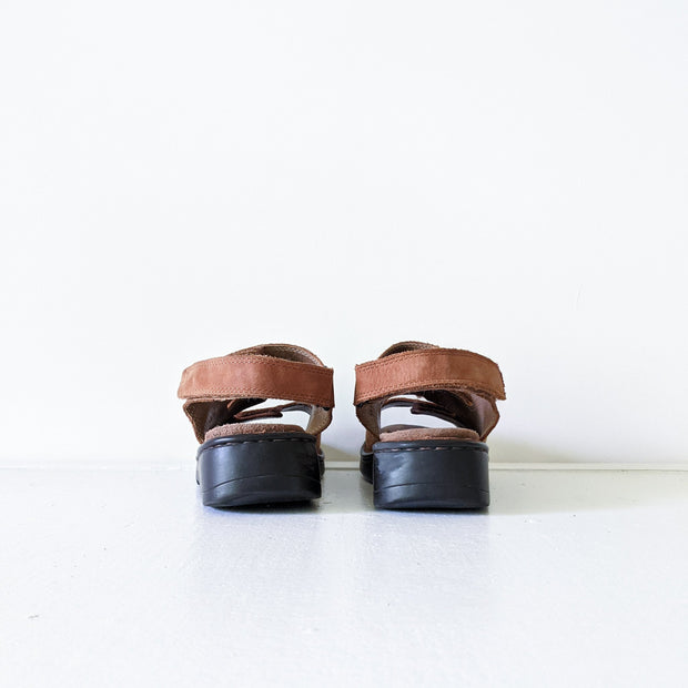 Deer Stags Brown Leather Slingback Sandals. Three Front Straps (Velcro), One Back Strap, Black Sole. Back View, Heels.