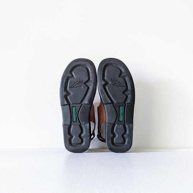 Deer Stags Brown Leather Slingback Sandals. Three Front Straps (Velcro), One Back Strap, Black Sole. Top View, Almond Toe.