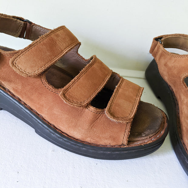 Deer Stags Brown Leather Slingback Sandals. Close-up of Three Front Straps (Velcro).