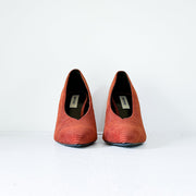 Matt & Nat Amari Burnt Orange Corduroy Heel, Front View, V-cut shape, Women’s 7, Vegan Shoes.