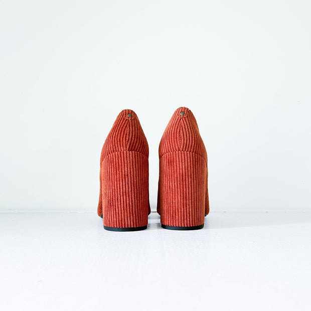 3-4" Heel on Matt & Nat Amari Burnt Orange Striped Corduroy Shoes, V-cut shape, Women’s 7, Vegan Shoes.