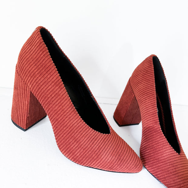 Cose up of Striped Corduroy Fabric on Vegan Shoes, Matt & Nat Amari Orange High Heel, V-Cut Opening. Size 7.