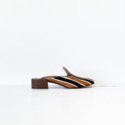 Side View of Madewell Willa Loafer/Mule in Black, Brown, Cream Striped Calf Hair. Slip-on Shoe, Almond Toe, Style J8355.