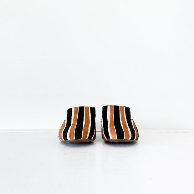 Front View of Madewell Willa Striped Calf Hair Loafer/Mule.Wide Black and Brown Stripes from Toe to Ankle. Style J8355.