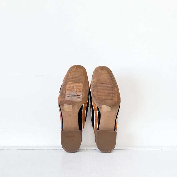 Soles of Madewell Willa Black and Brown Striped Calf Hair Loafer/Mule. Slip-on Slide Shoe. Good Used Condition.