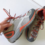 Close-up. Light Grey/Orange Walking/Hiking Sneaker/Shoe. Merrell Avian Light Ventilator in Drizzle/Lychee OrthoLite Women’s 8. 