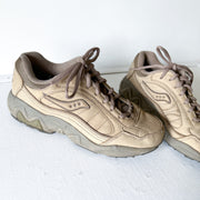 Saucony Chunky Tan Leather Sneaker, Close-up. Monochrome Tan Walking Shoe with Brown Rubber Sole.