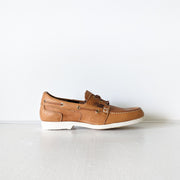 New Balance Tan/Brown Leather Boat Shoe with Dark Brown Tie, 3-Eye, White Stitching & White Vibram Sole. Men’s 9. Side View.