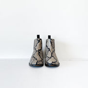 Black and Beige Snake-print Leather Chelsea Boot. M.Gemi, The Avallo. Front View, Pointed-Toe, Smooth Front, Back Tab.