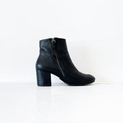 Side View. Splendid Black Leather Ankle Boot/Bootie. Chunky Block Heel, Full-Length Exterior Side Zipper, Leather Pull-Tab.