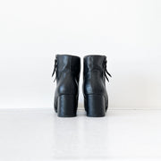 Back View of Chunky Block Heel on Splendid Black Leather Ankle Boot/Bootie with Side Zipper and Pull-Tab. Women’s 8.