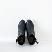 Black Leather Ankle Bootie. Splendid, Black Leather Boots, Women’s 8. Top View, Almond Toe, Size Zipper with Leather Tab.