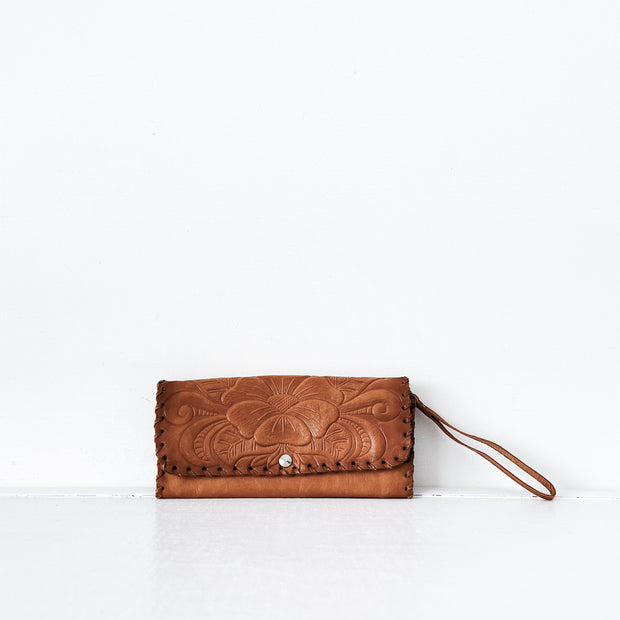 Vintage Floral Embossed Leather Wallet/Clutch in Tan/Caramel Brown