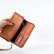 Open Leather Wallet with Card Slots. Vintage Floral Embossed Brown/Tan Leather Wallet, Clutch, Wristlet. Made in Cuba.